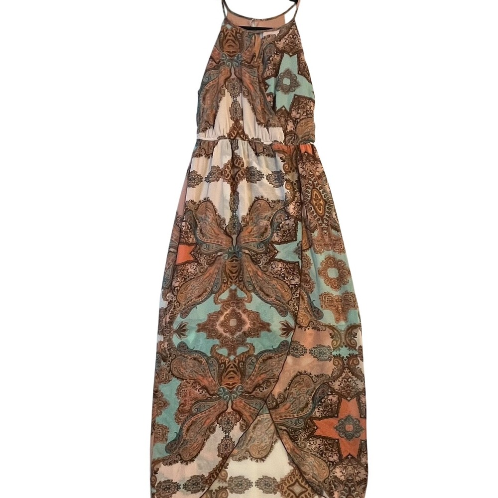 Sweet Storm Boho Paisley Maxi Dress L | Halter Chiffon Festival Resort Gown
